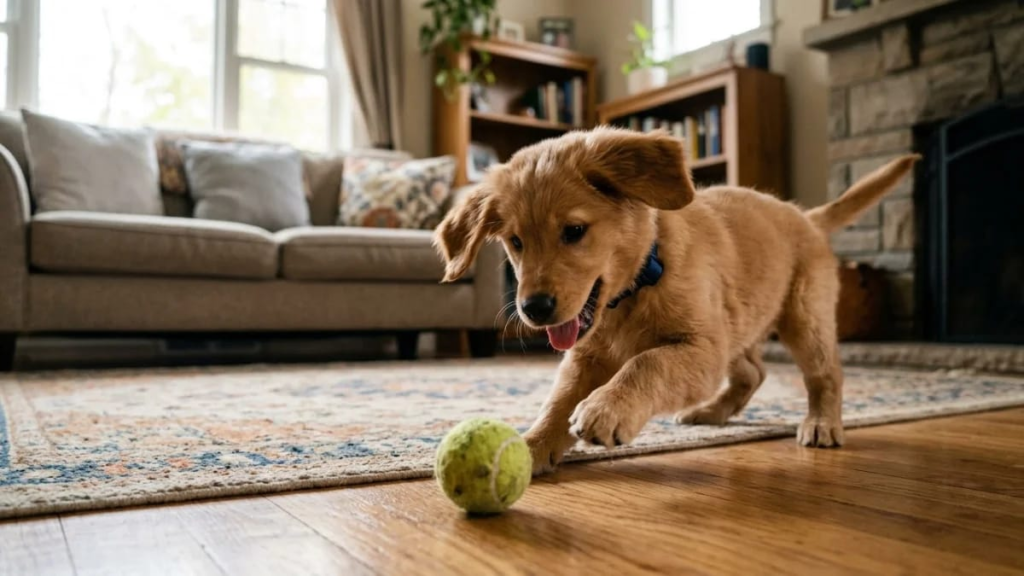 Puppy playing with a tennis ball indoors