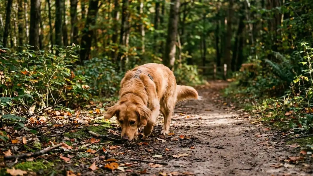 Dog sniffing the ground in the forest