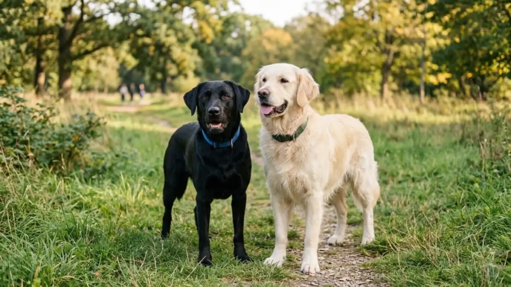 Black dog and light-colored dog standing together outdoors