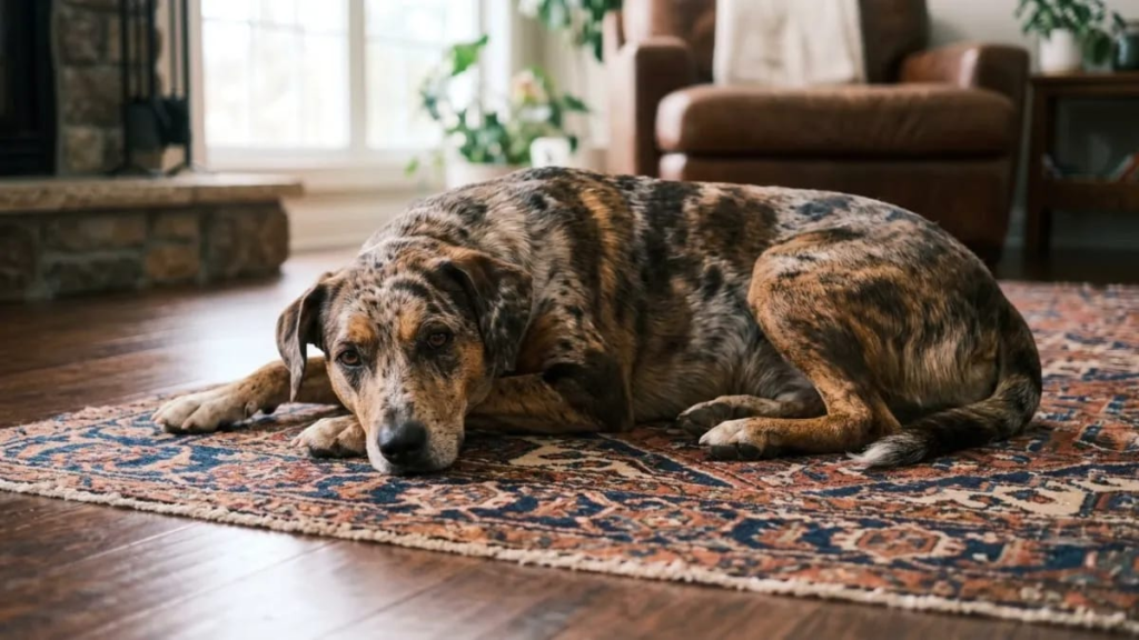 Brown dog sitting in loan