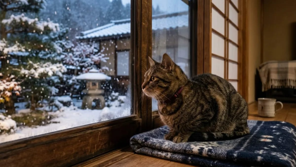 A tabby cat looking out at falling snow, matching the Japanese name Yuki