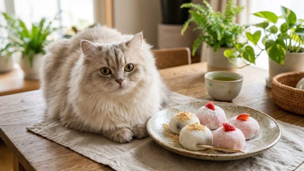 A round fluffy cat next to a plate of mochi, inspired by the name Mochi.]