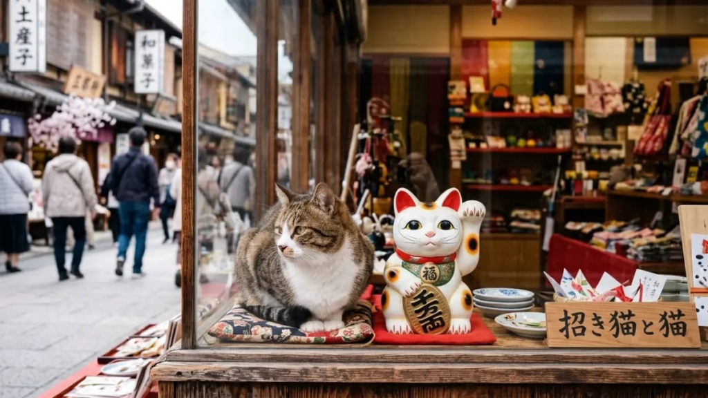 A cat sitting next to a Maneki-neko figurine in a Japanese shop window.]