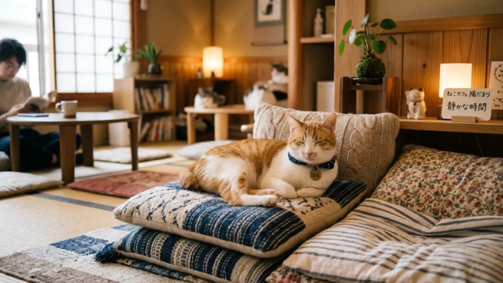 A calm cat inside a Japanese cat cafe, surrounded by soft cushions.
