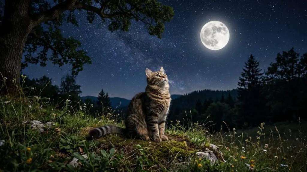 A cat sitting under a full moon and stars, matching nature names like Tsuki and Hoshi