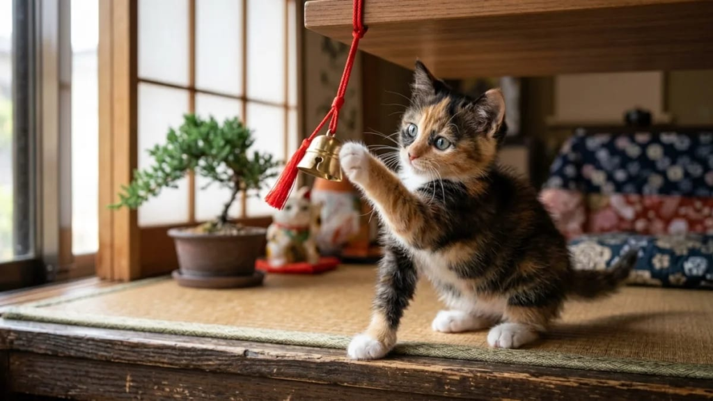 A playful kitten batting at a small bell, inspired by the Japanese name Suzu