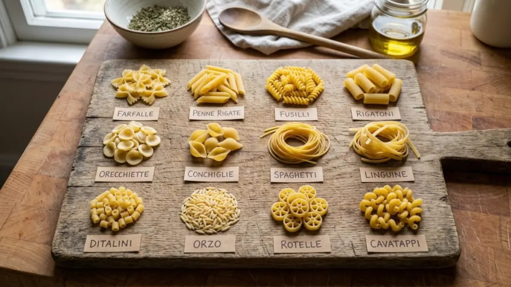 An assortment of dried pasta shapes laid out on a wooden board, useful for identifying common pasta names.