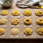 An assortment of dried pasta shapes laid out on a wooden board, useful for identifying common pasta names.