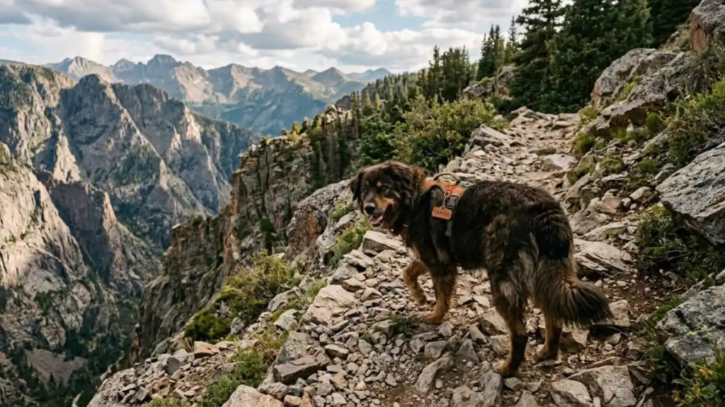 Large dog on a rocky trail, matching nature-inspired unique boy dog names like Ridge or Canyon