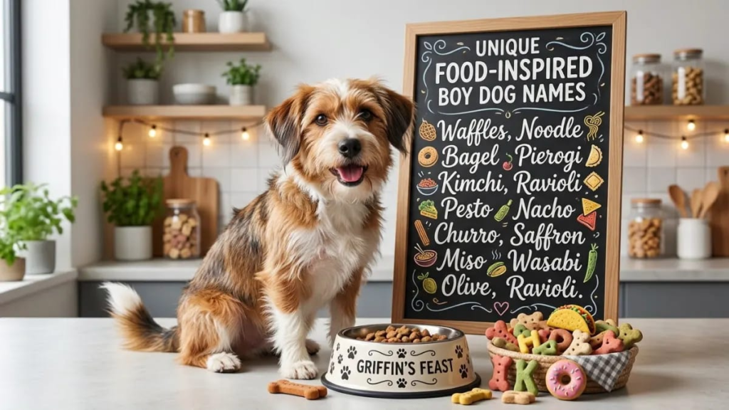 Dog next to treats and a food bowl, a fun match for food-inspired unique boy dog names