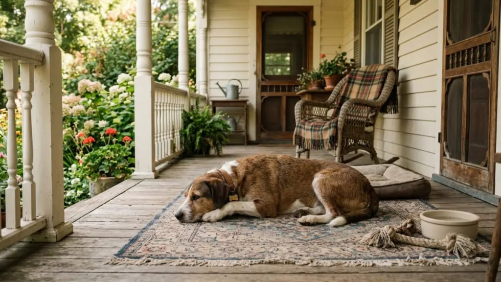 Calm dog resting on a porch, a fitting look for vintage unique boy dog names like Walter or Otis