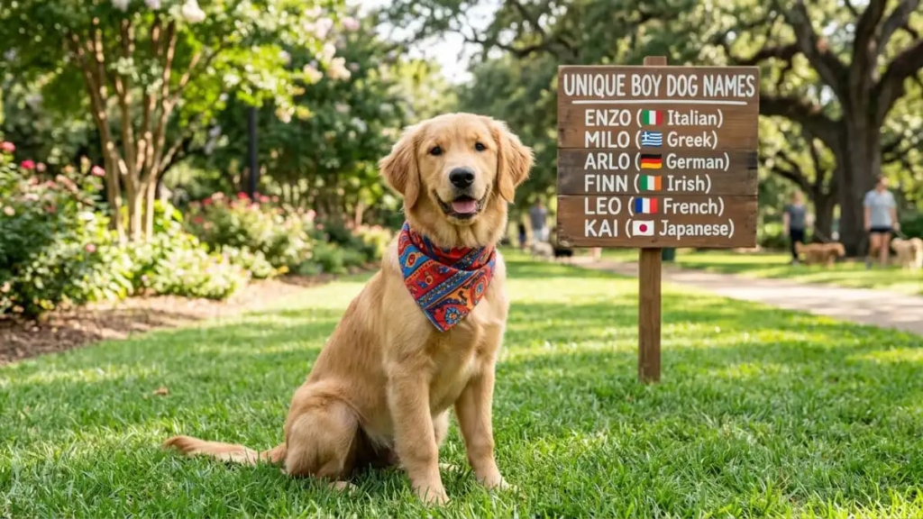 Dog wearing a bandana in a park, paired with international unique boy dog names like Enzo or Milo