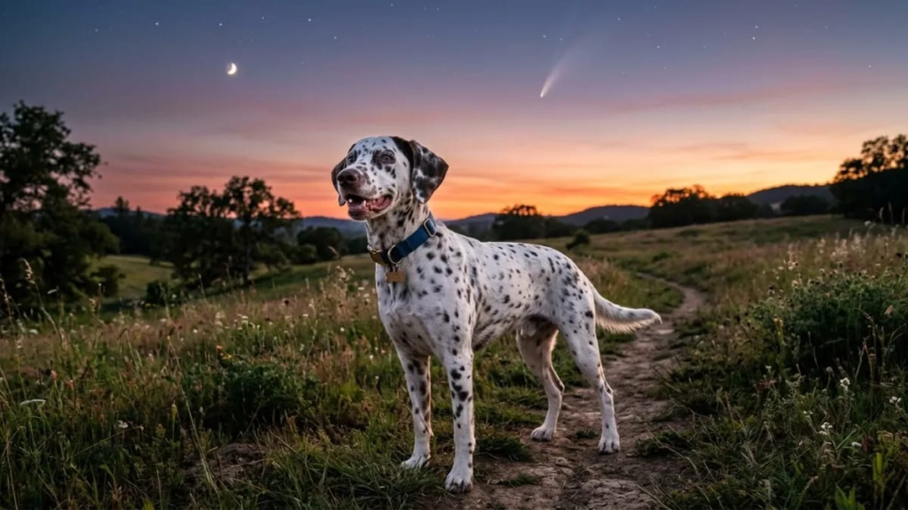 Spotted dog outdoors at dusk, matching space-themed unique boy dog names like Nova or Comet