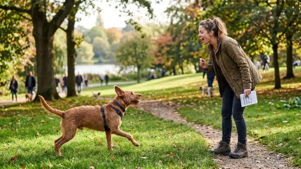 Owner calling their dog in a park, useful for testing shortlisted unique boy dog names out loud