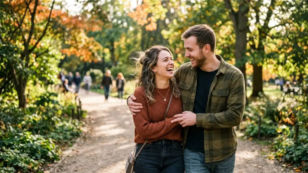 Couple laughing outdoors — quirky cute pet names for girlfriend