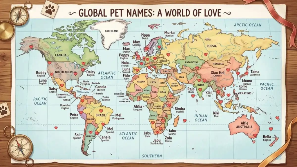 World map with heart markers for multilingual cute pet names for girlfriend