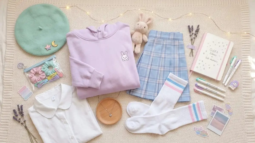 Pastel aesthetic flat lay representing soft, cute femboy style inspiration femboy names