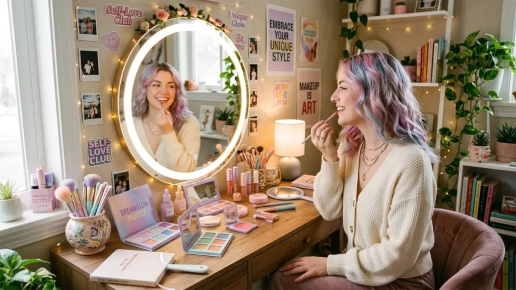 Pastel makeup and mirror setup representing personal style and self-expression
