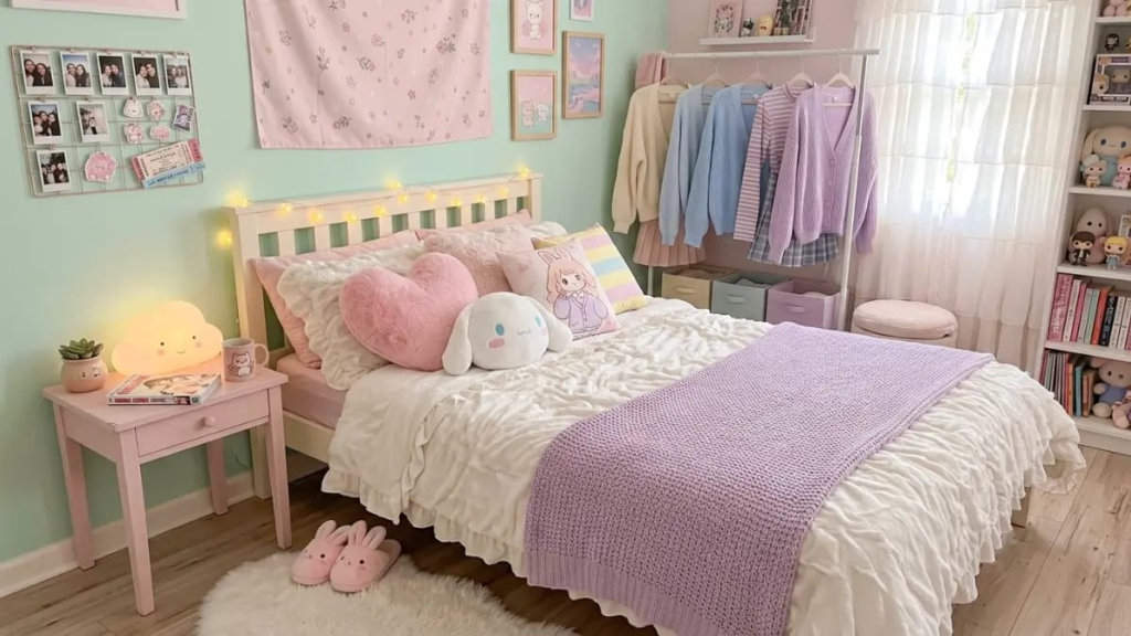 Cozy pastel bedroom aesthetic reflecting a soft, cute femboy personal style