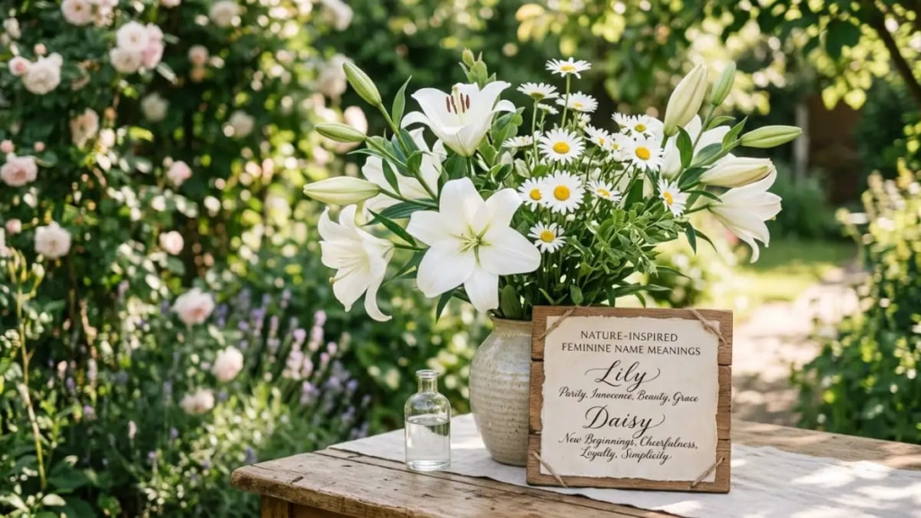 White lilies and daisies representing soft, nature-inspired feminine name meanings