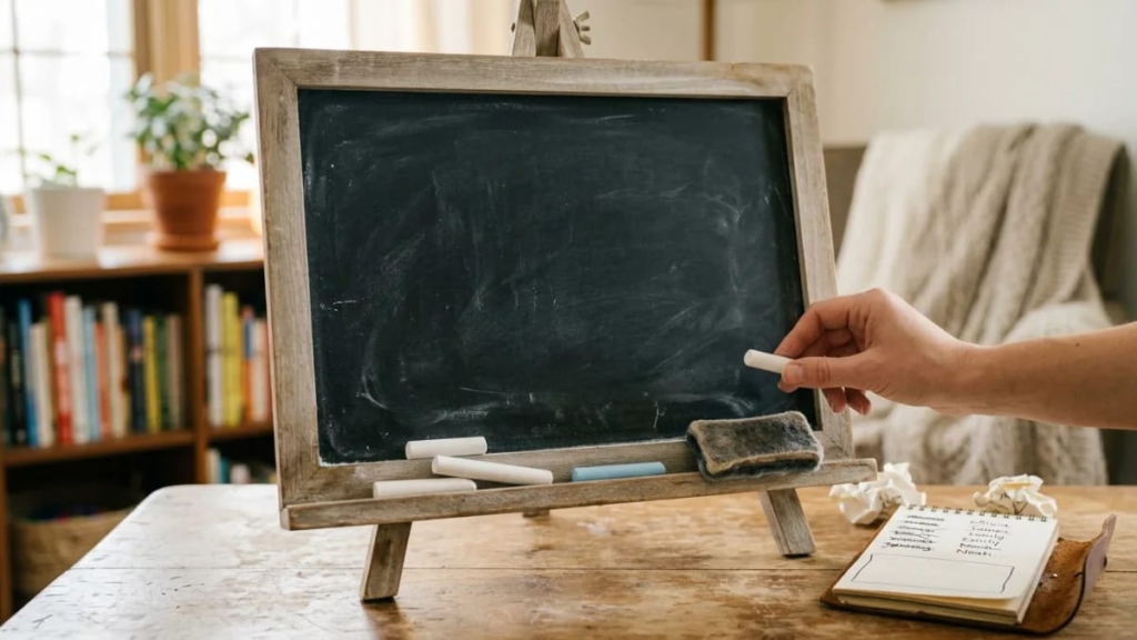 Blank chalkboard sign representing choosing and writing down a final chosen name