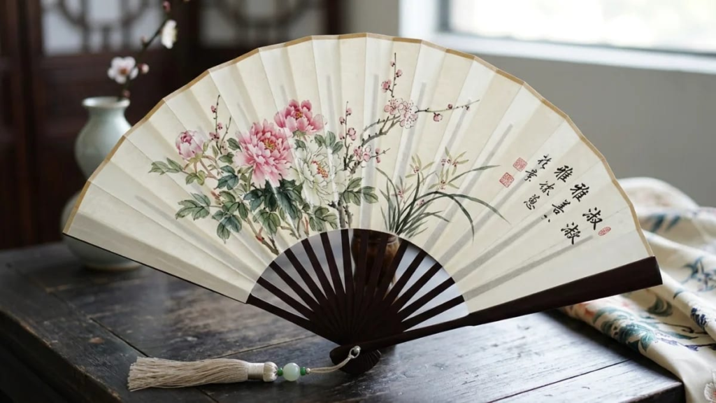 Painted silk fan with flowers, a symbol of grace in Chinese girl names