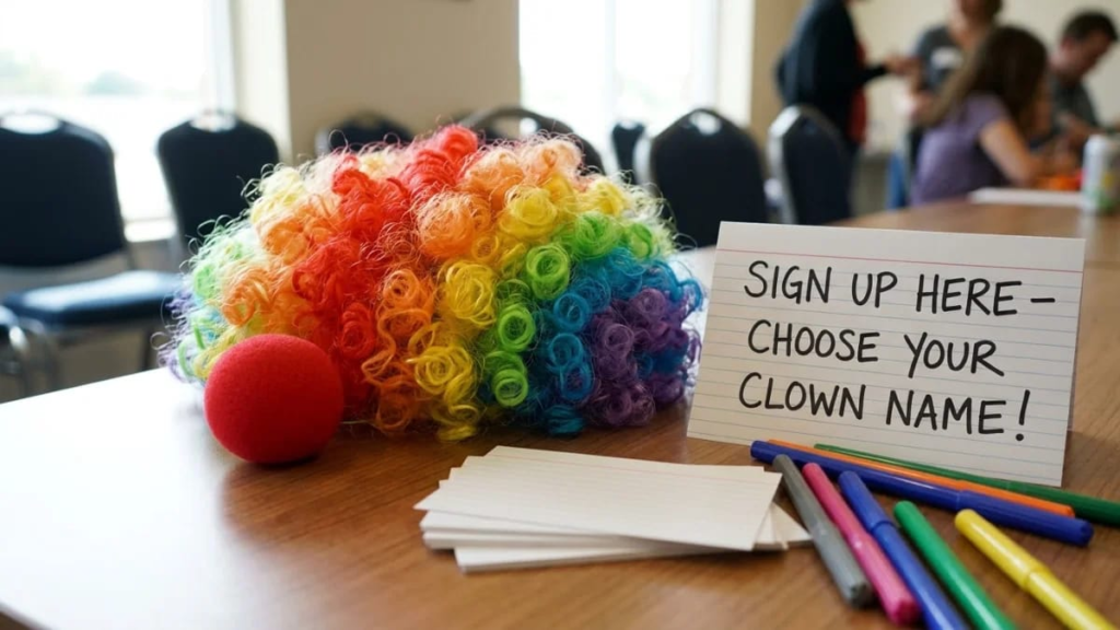 Red clown nose and rainbow wig on a table, ready for choosing clown names