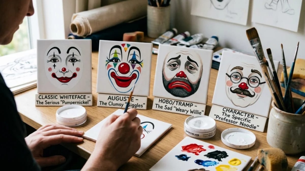 White clown face paint and brushes, showing how makeup style shapes clown names