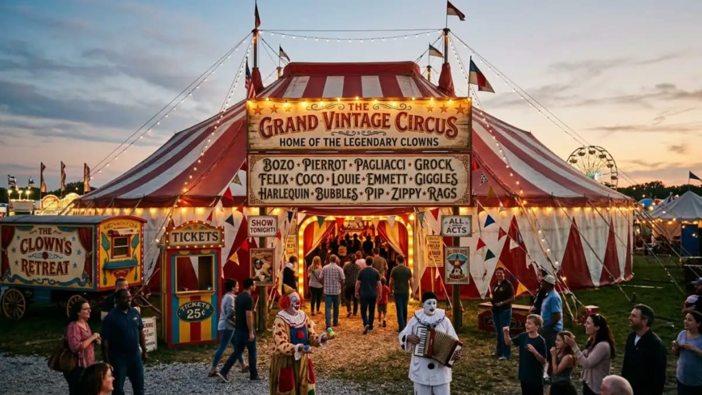 Vintage circus tent with red and white stripes, a setting for classic clown names