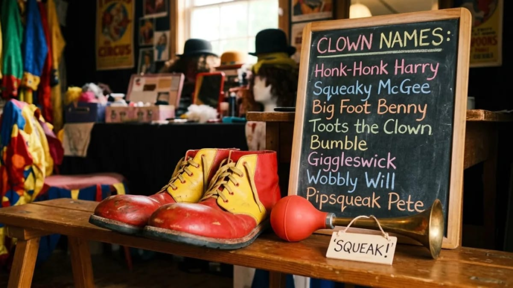 Oversized shoes and a squeaky horn, props that inspire funny clown names