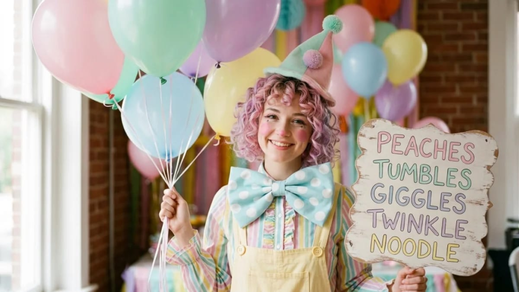 Pastel balloons and a polka dot bow tie, a sweet look for cute clown names
