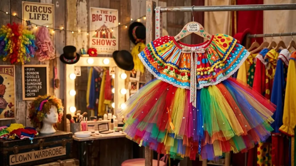 Ruffled collar and a colorful tutu on a hanger, styling ideas for female clown names