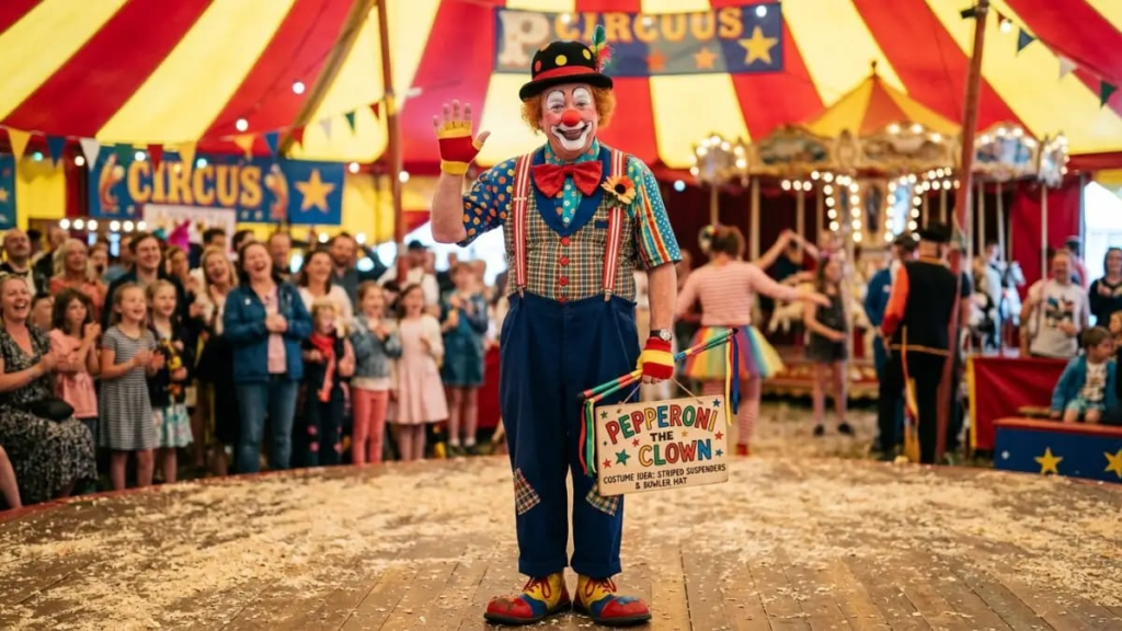 Striped suspenders and a bowler hat, a costume idea for male clown names