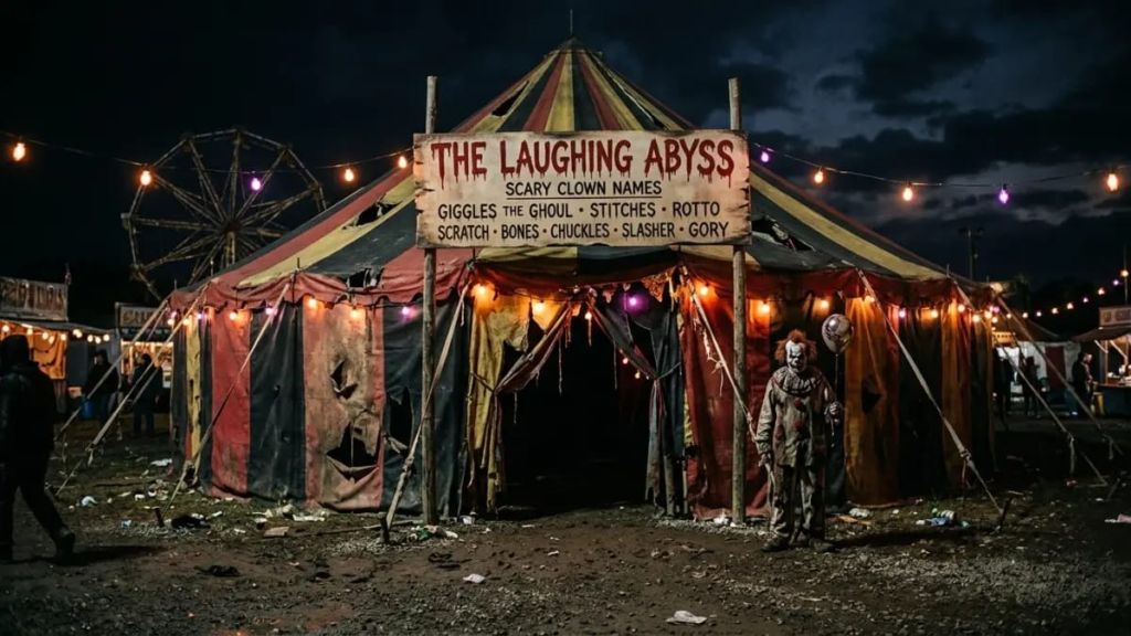 Dim lit carnival with a torn tent, a spooky backdrop for scary clown names
