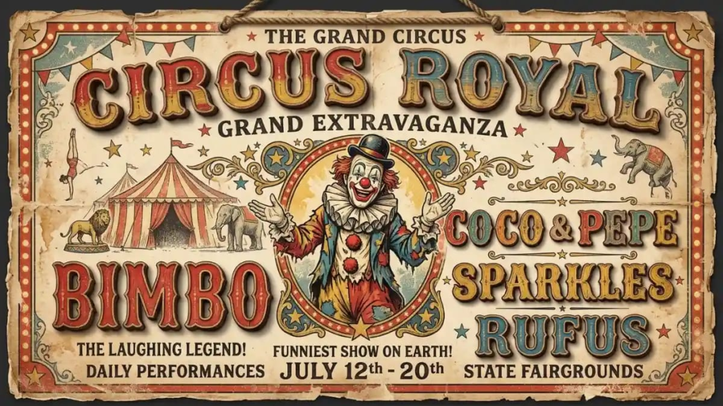 Old circus poster with wooden letters, a vintage style for circus clown names