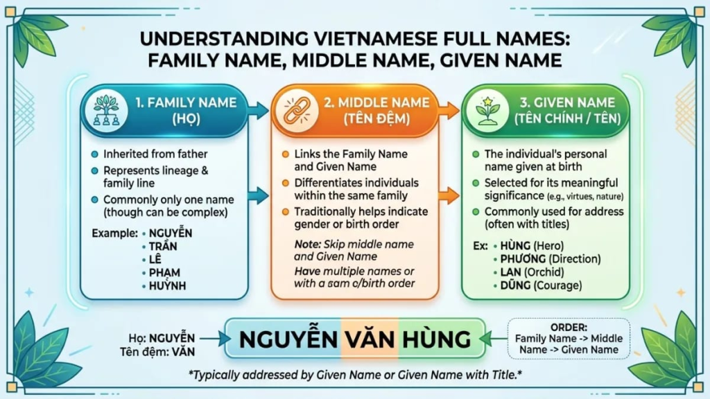 Traditional calligraphy showing the origin of Vietnamese last names from Chinese characters