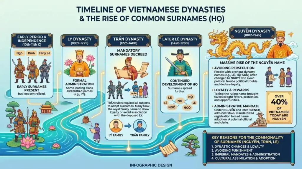 Diagram explaining the structure of Vietnamese last names with family name, middle name and given name