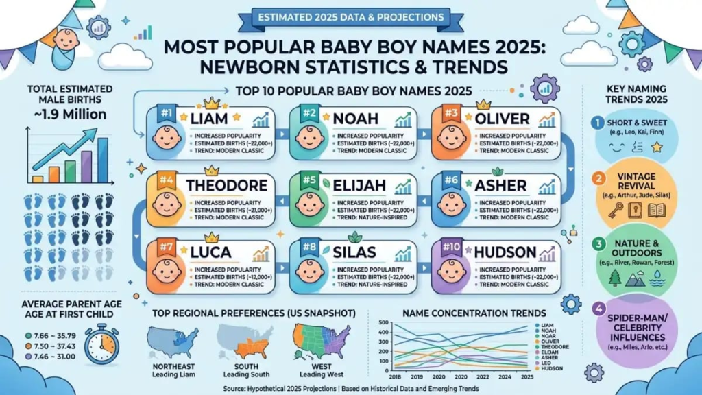 Infographic showing newborn statistics behind the most popular baby boy names 2025