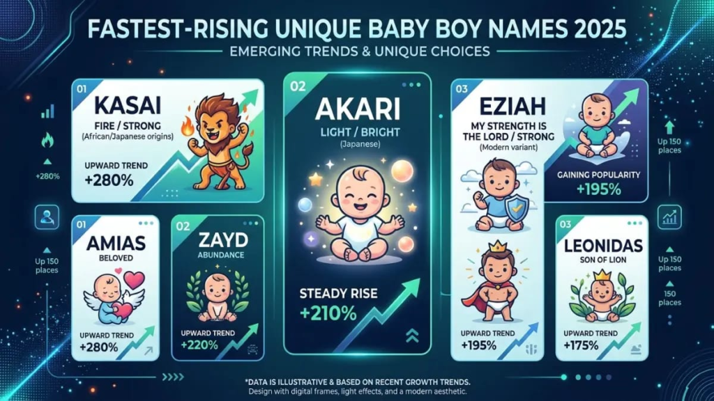 Graphic of fastest-rising unique baby boy names 2025 including Kasai, Akari and Eziah