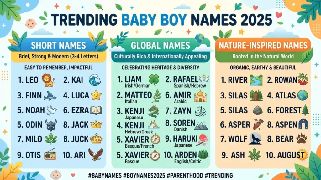 Infographic of trending baby boy names 2025 including short, global and nature-inspired names