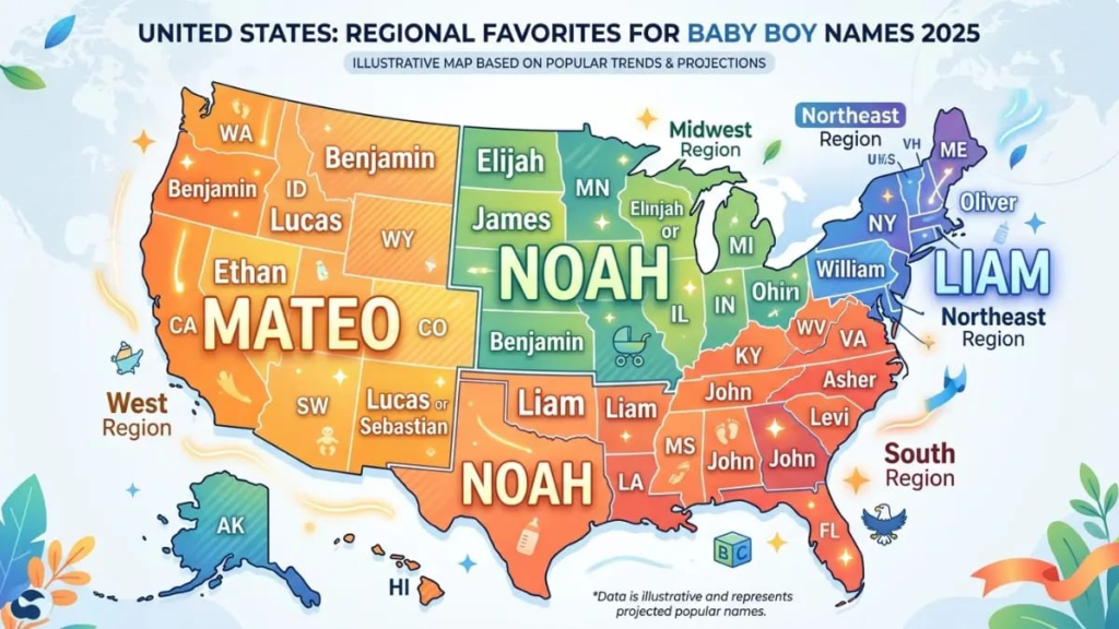 US map showing regional favorites among baby boy names 2025 such as Noah, Liam and Mateo