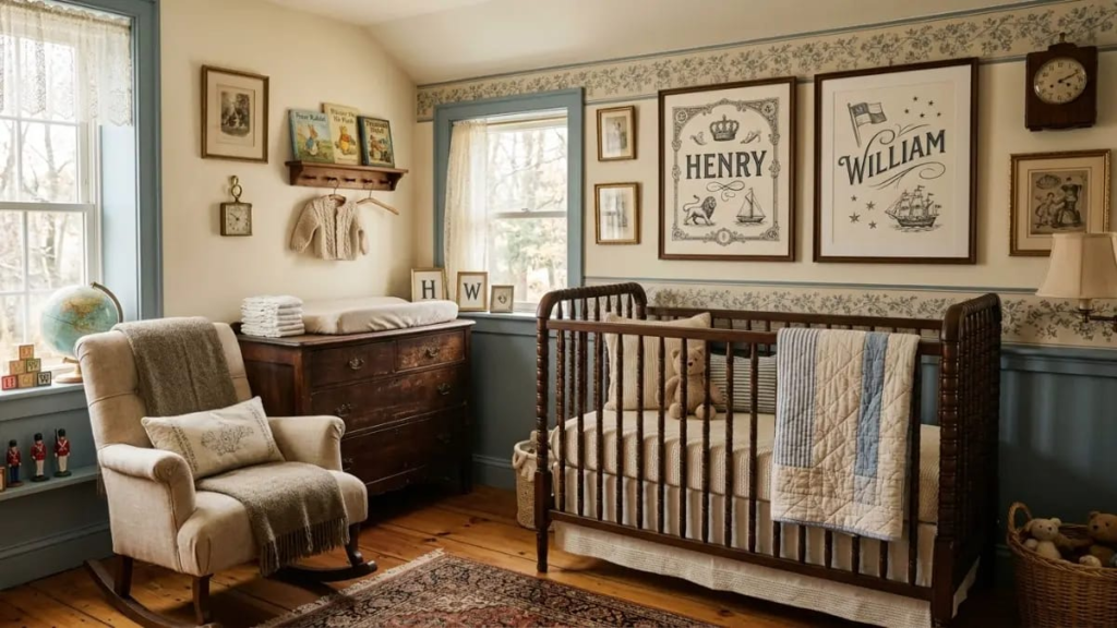 Vintage nursery decor inspired by classic baby boy names 2025 such as Henry and William