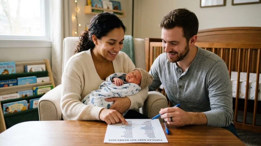 Parents choosing from popular baby boy names 2025 while holding their newborn