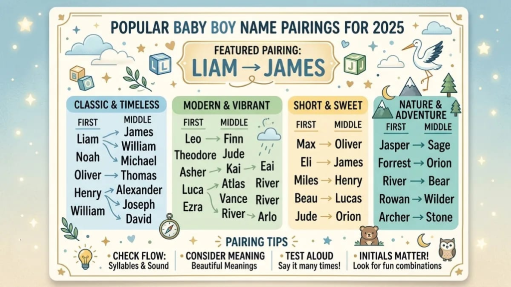 Card showing first and middle name pairings for popular baby boy names 2025 such as Liam James