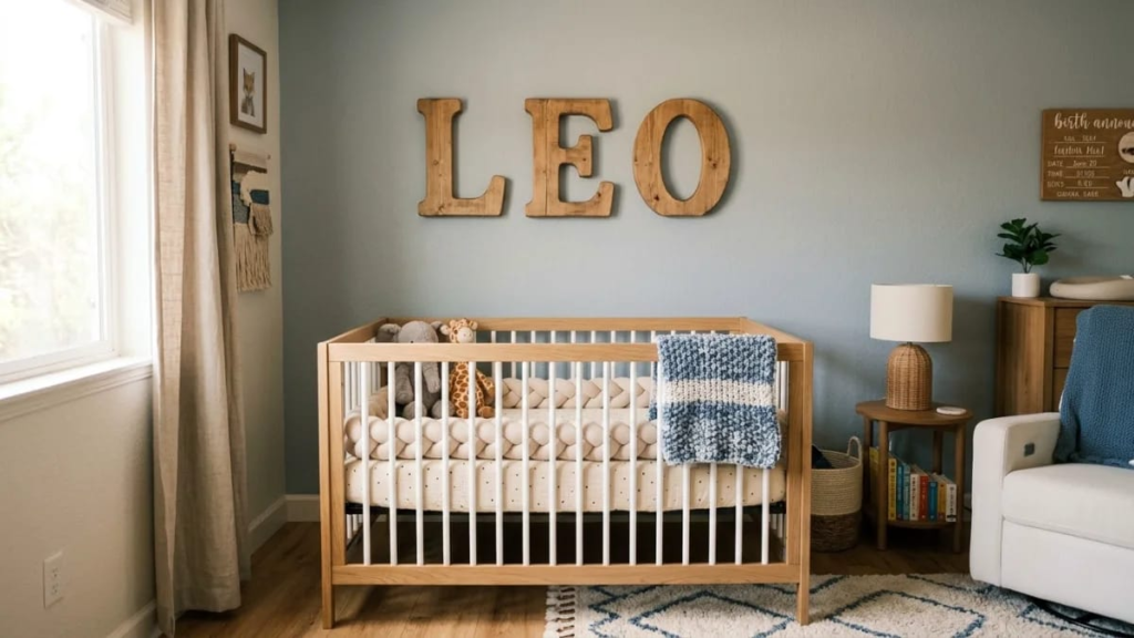 Wooden letters spelling a baby boy name above a crib, inspired by baby boy names 2025