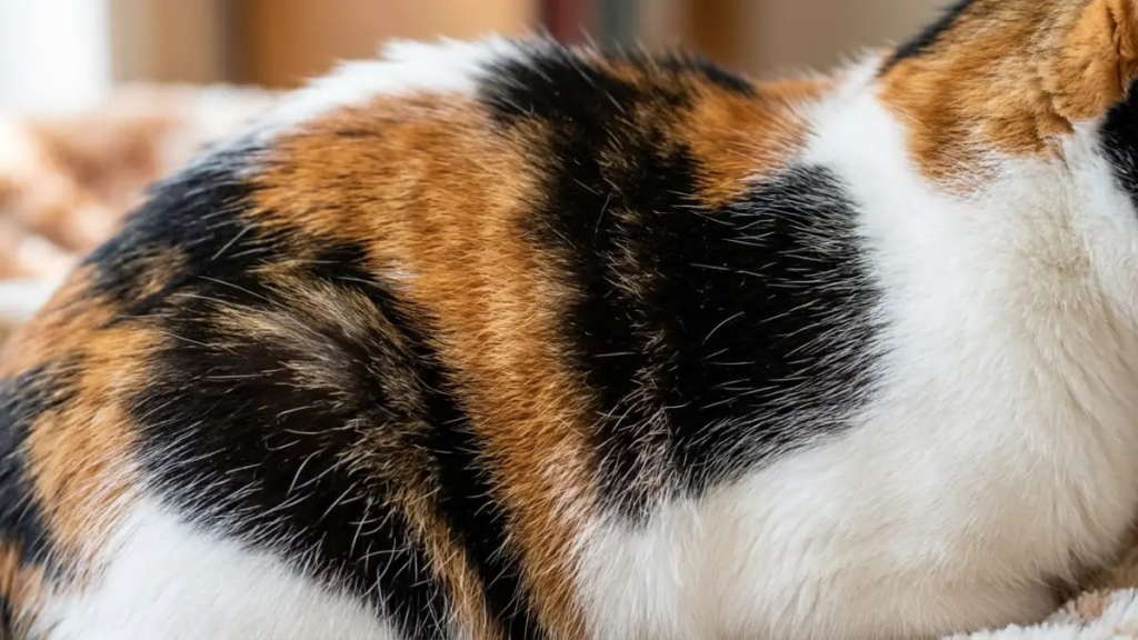 Close-up of calico cat fur showing orange, black and white patches