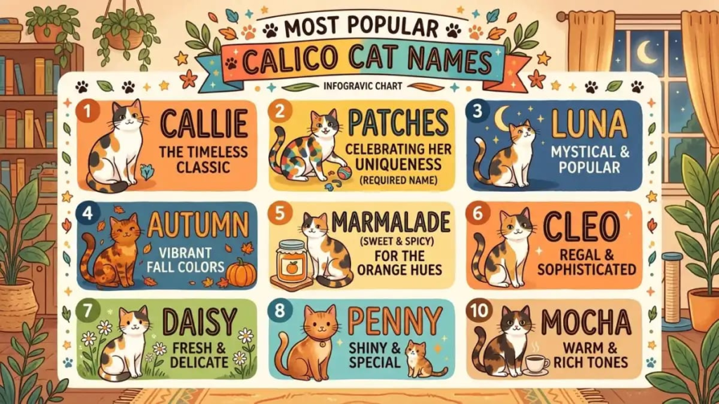 Chart of the most popular calico cat names including Patches, Autumn and Marmalade