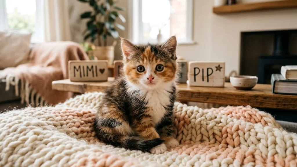 Calico kitten looking up with big eyes