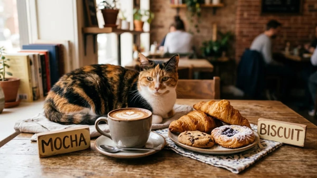 Calico cat next to a cup of coffee and pastries