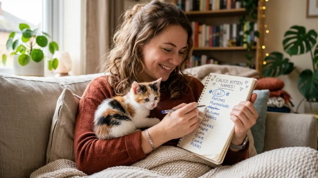 Person holding a calico kitten while choosing a name